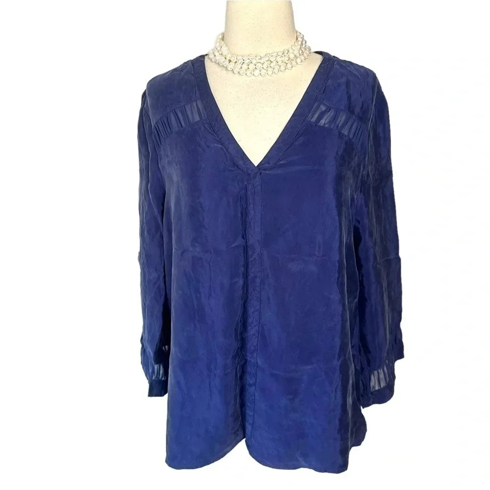Daniel Rainn XXL blue V-neck long‎ sleeve blouse with sheer panels